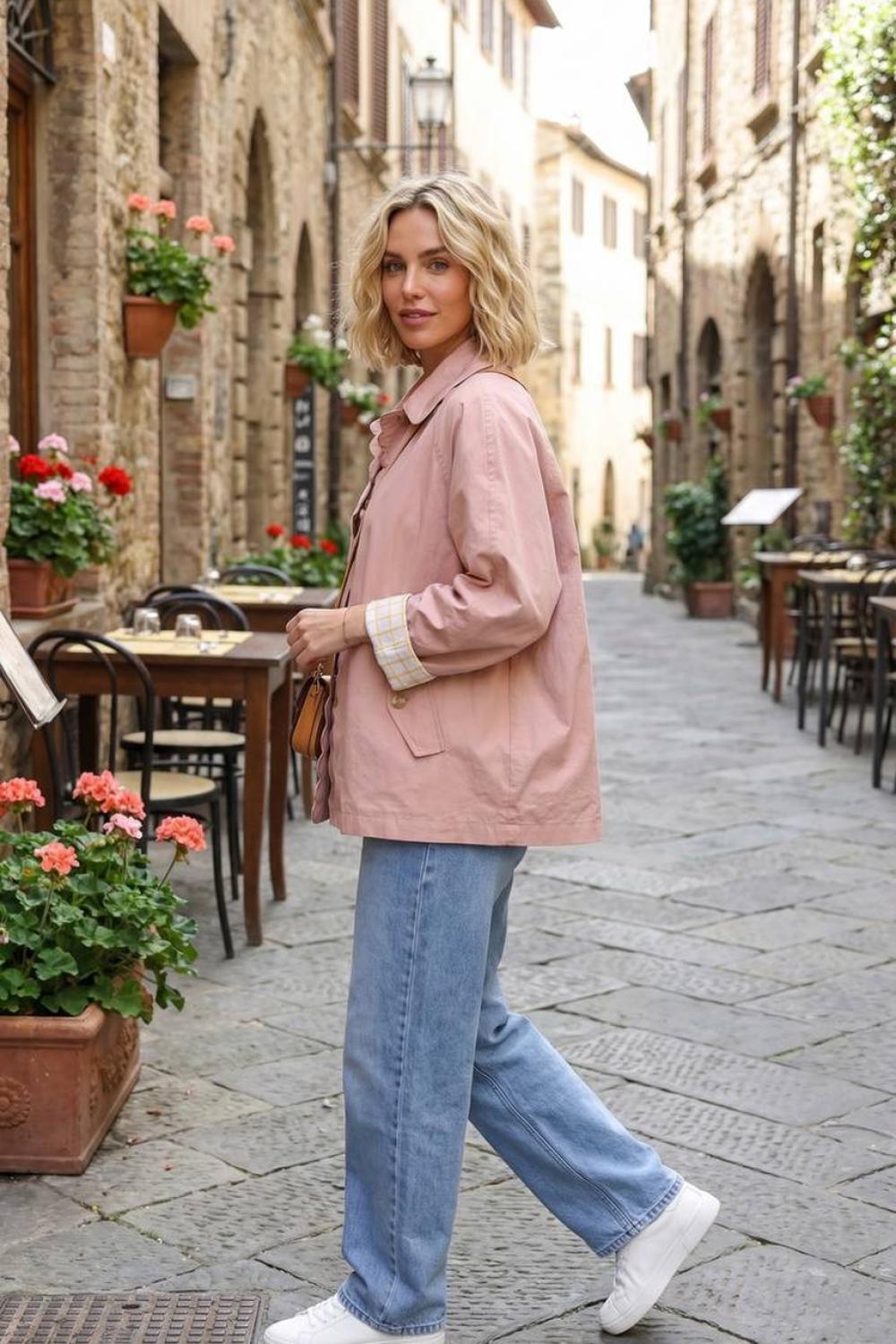 Short women's powder pink trench coat wiya