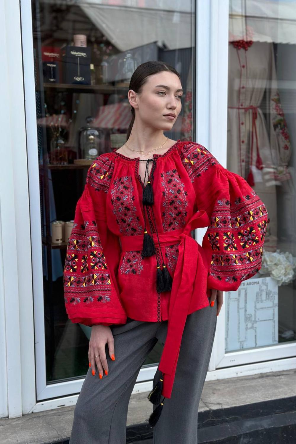 EMBROIDERED GEM women's embroidered linen red