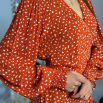 Orange wrap dress with print 20AH517. France. Yuka Paris