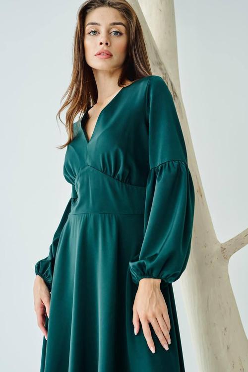 Midi dress in emerald green with premium satin