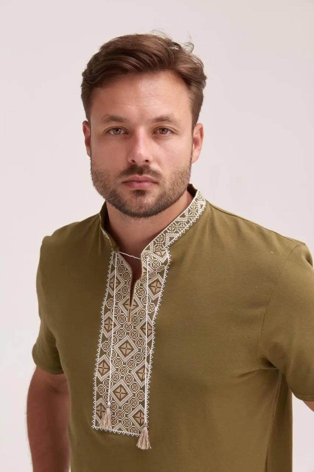 Men's Olive-Colored Cossack-Style Embroidered T-Shirt