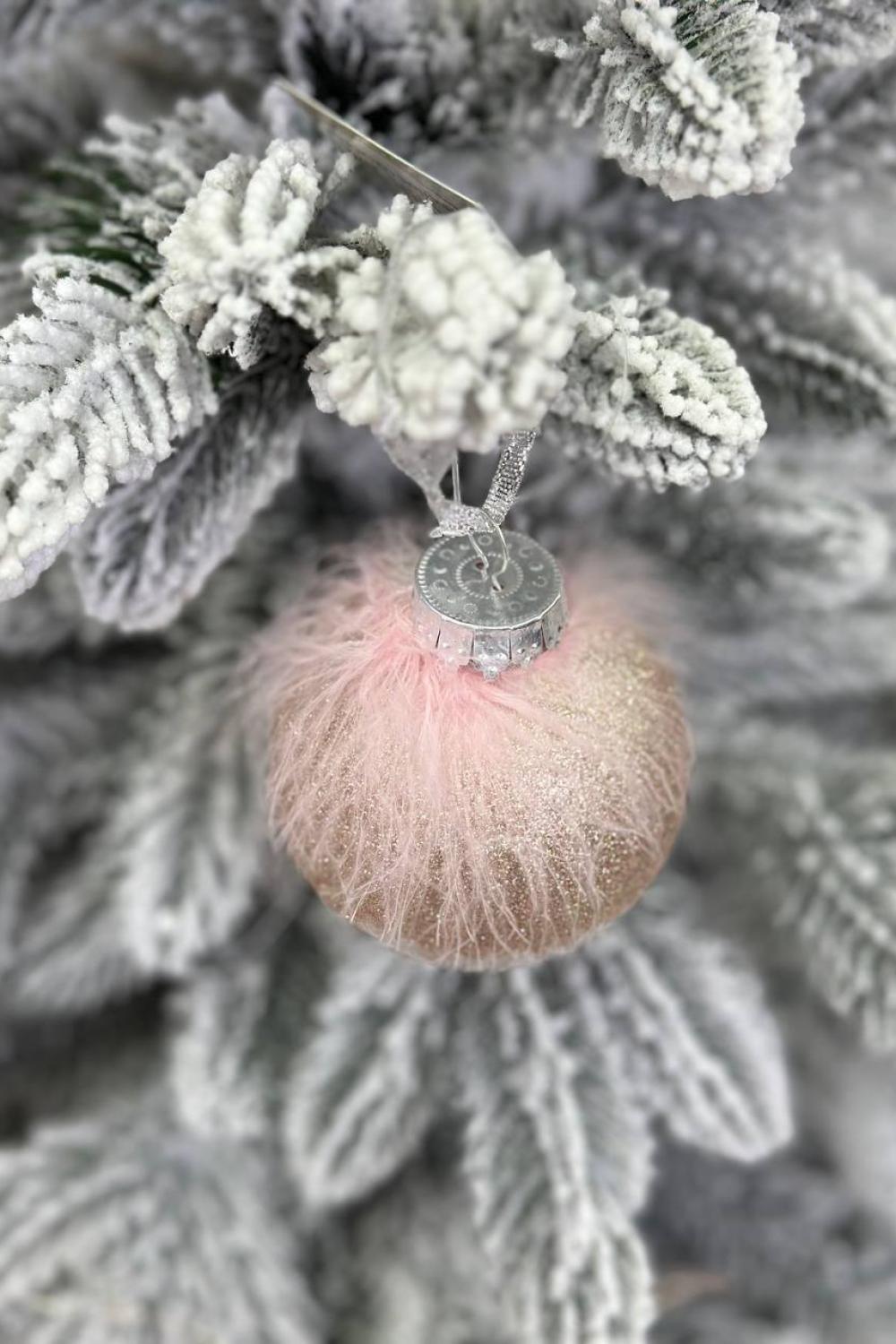 Christmas tree ball 8 cm, transparent in pink tones of fluff and feather decor