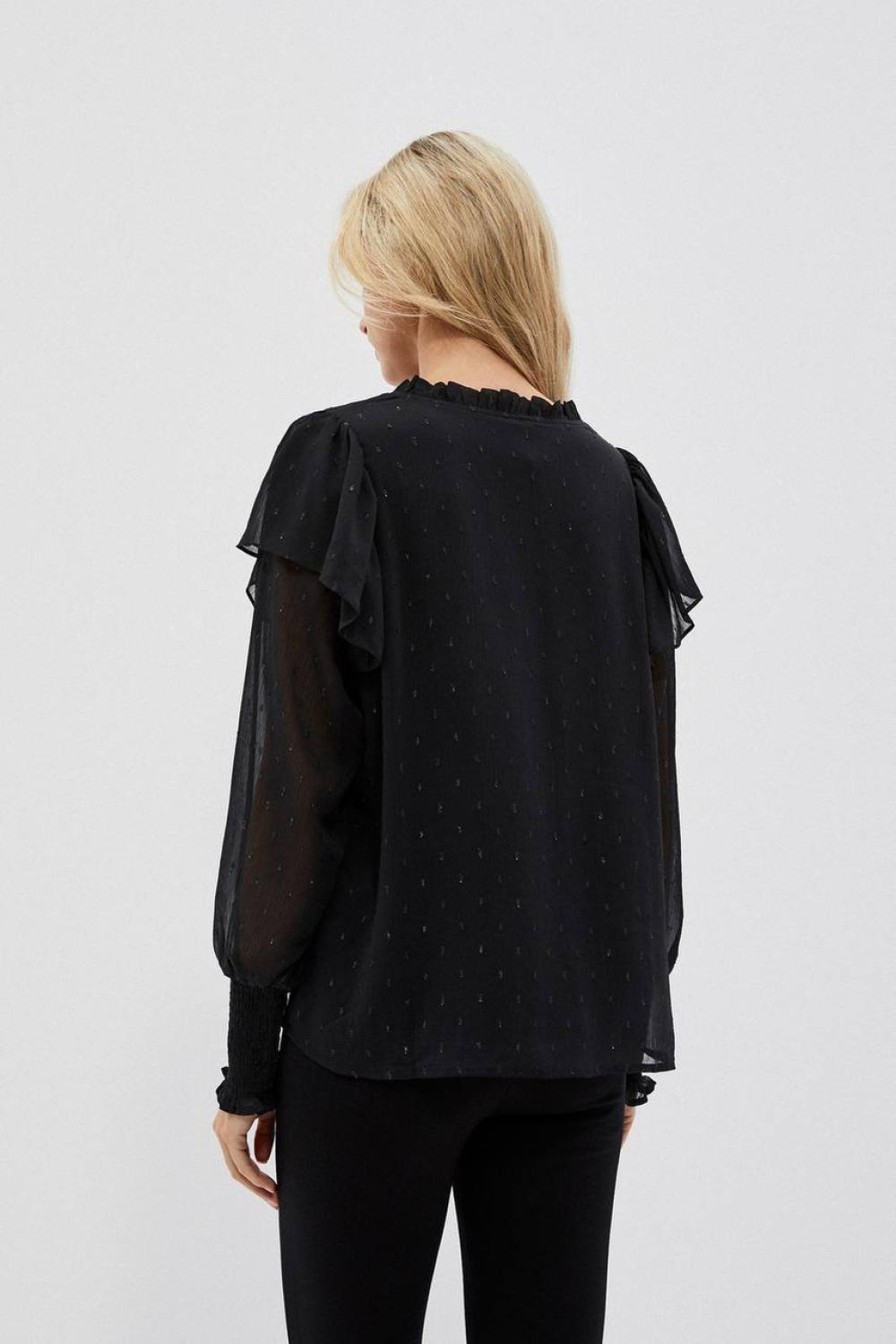 Black translucent blouse with frills