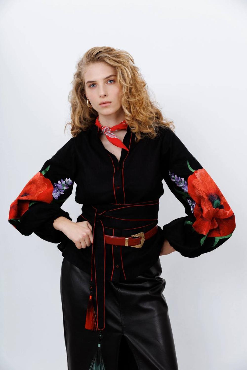 Women's embroidered shirt red poppies from Embroidered Jem
