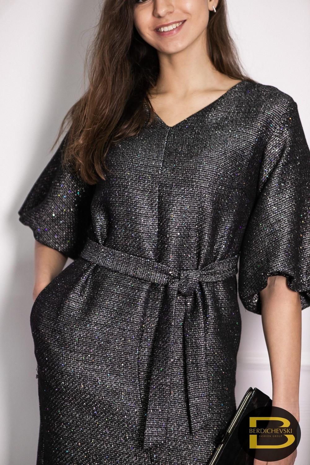 Classic dress in dark graphite color made of silver threads