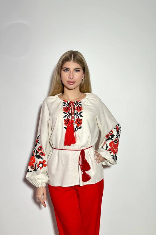 Women's beige embroidered jacket with red embroidery by Ruta MEREZHKA