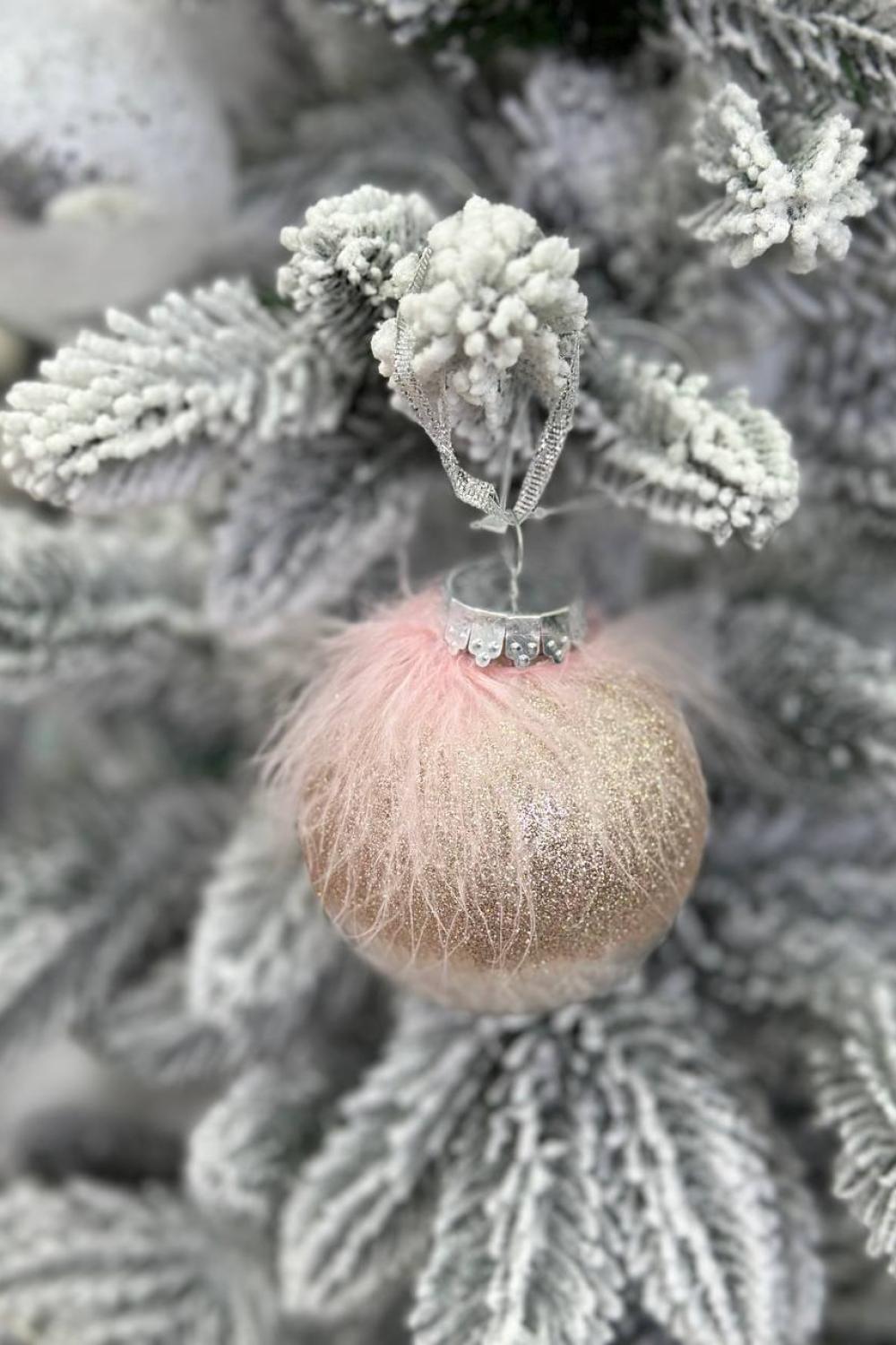 Christmas tree ball 8 cm, transparent in pink tones of fluff and feather decor