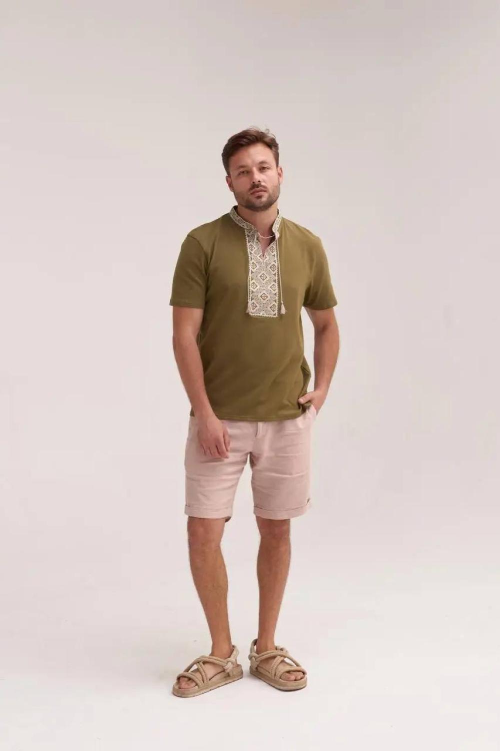 Men's Olive-Colored Cossack-Style Embroidered T-Shirt