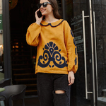 Embroidered women's jacket mustard linen with EMBROIDERED GEM appliqué