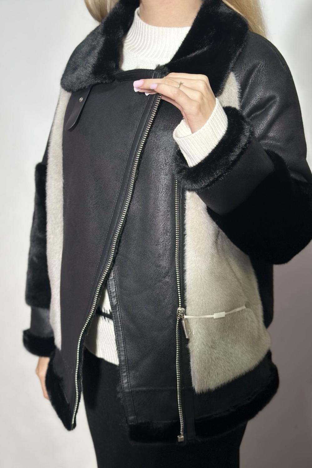 Black and beige eco-fur jacket