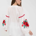 Designer light embroidered blouse with red flowers MAXA