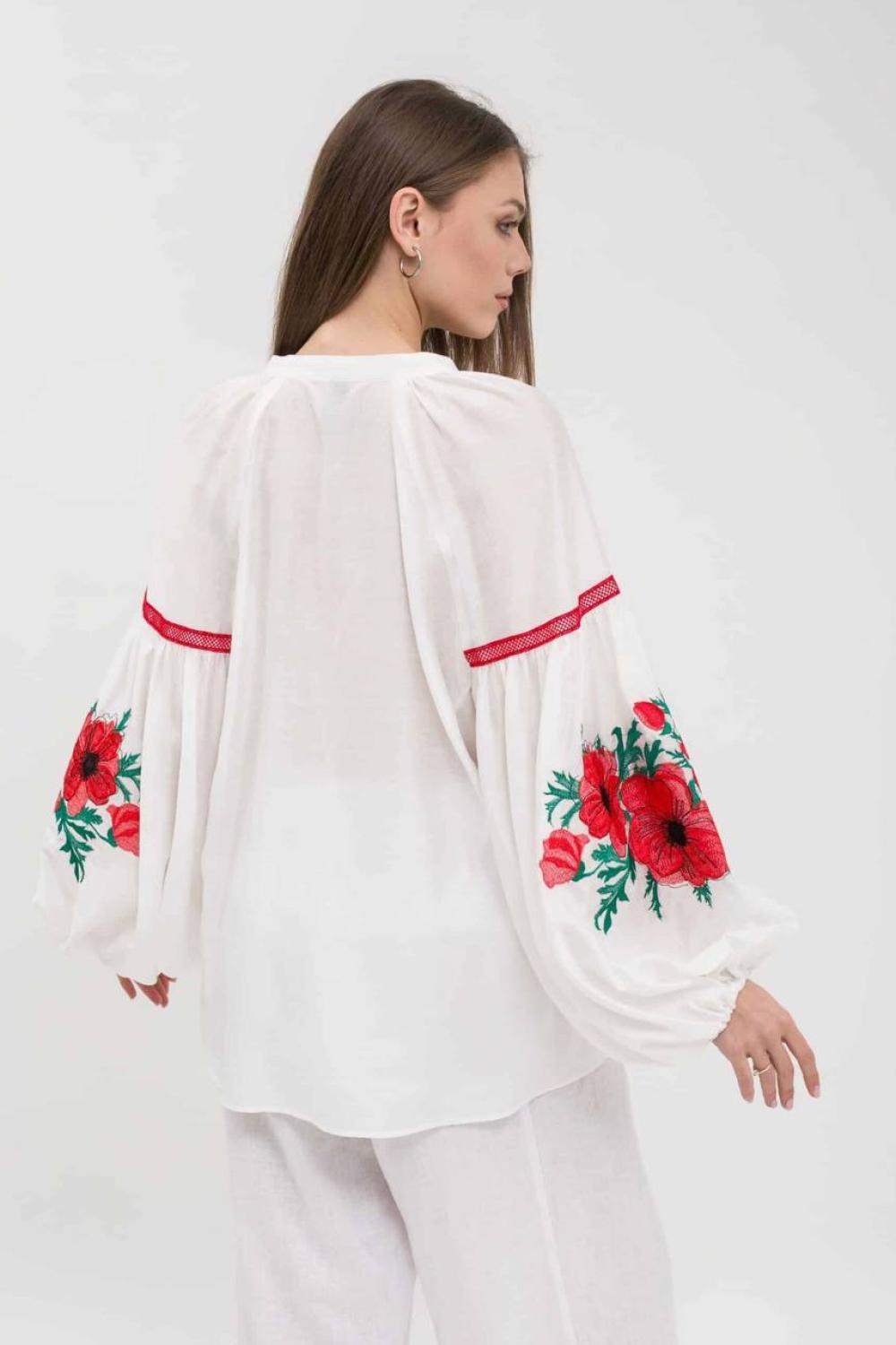 Designer light embroidered blouse with red flowers MAXA