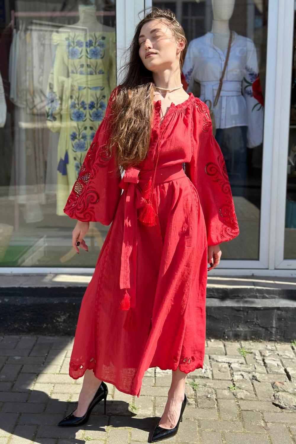 Embroidered women's linen Richelieu red EMBROIDEREDGEM dress