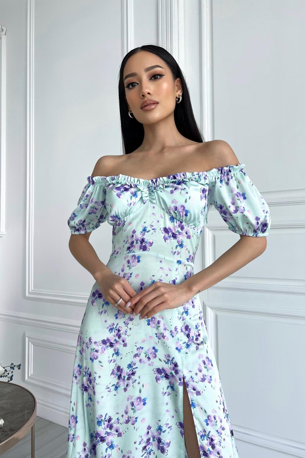 Larionoff mint dress with purple copper flowers