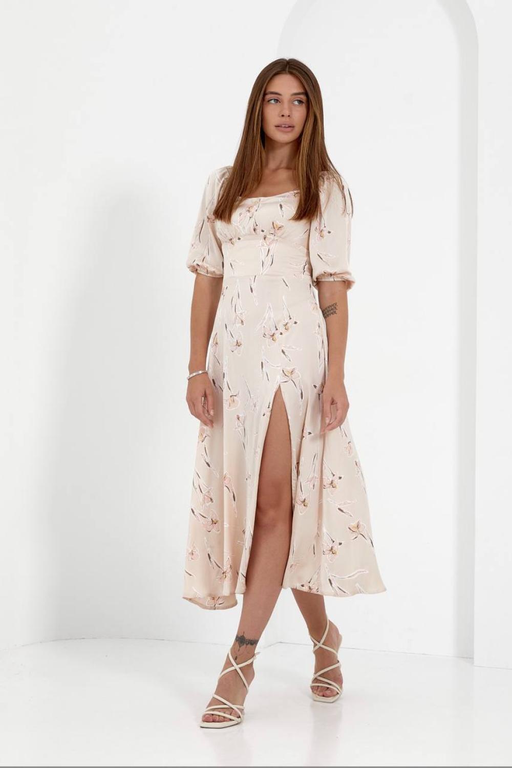Beige silk dress in floral print