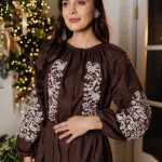 Women's brown embroidered dress with white embroidery PTAŠKA_brown_dress