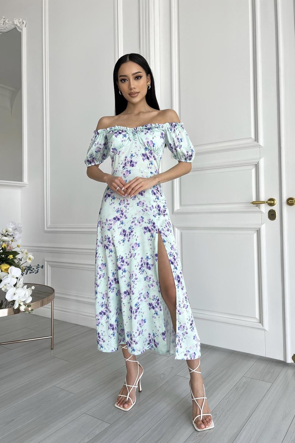 Larionoff mint dress with purple copper flowers