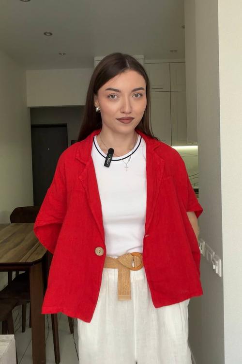 Red linen jacket with short sleeves red_short