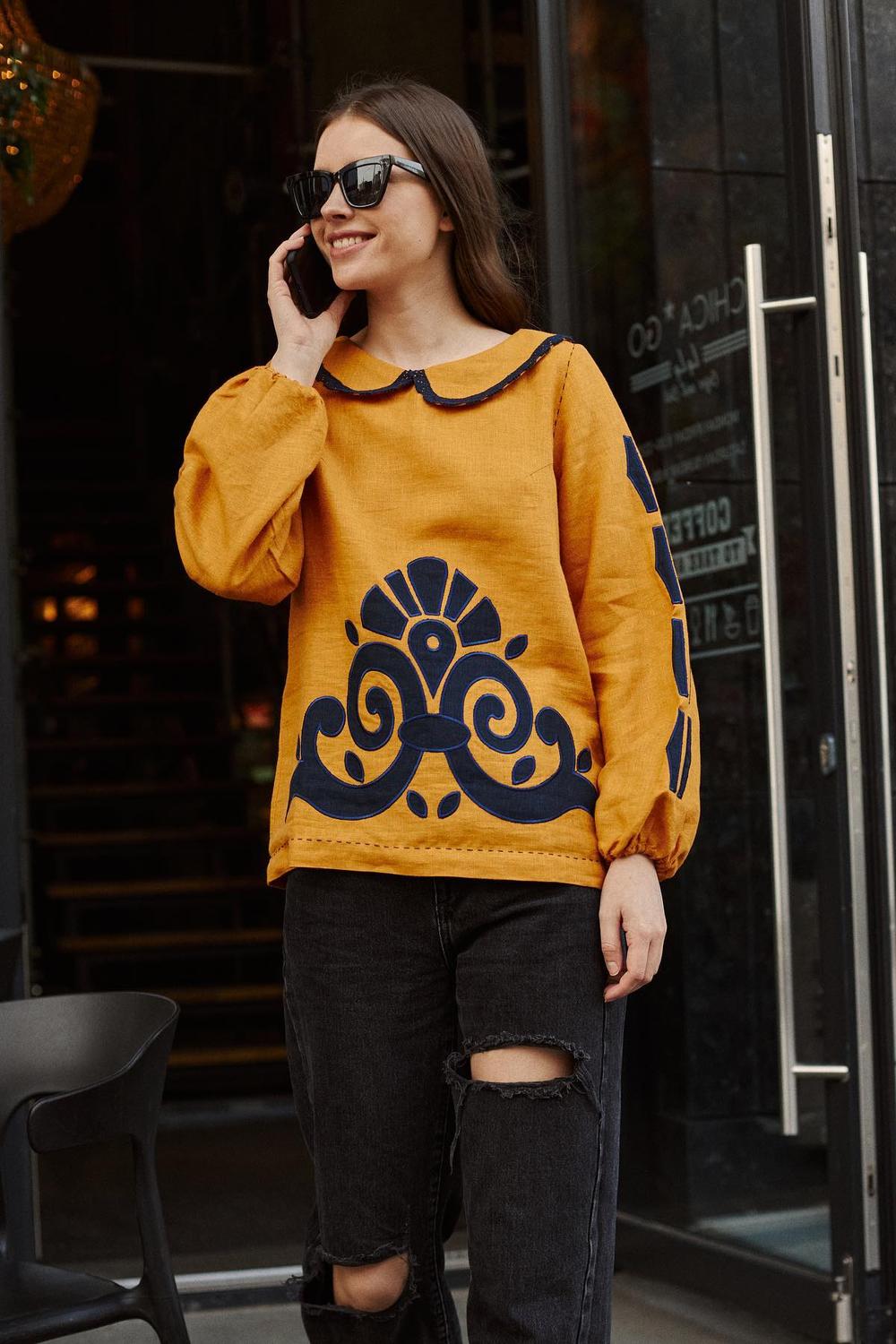 Embroidered women's jacket mustard linen with EMBROIDERED GEM appliqué