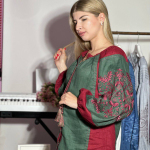 Embroidered shirt for women green with red pattern designer