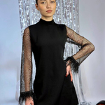 Black mini cocktail dress with mesh and feather sleeves Exclusive