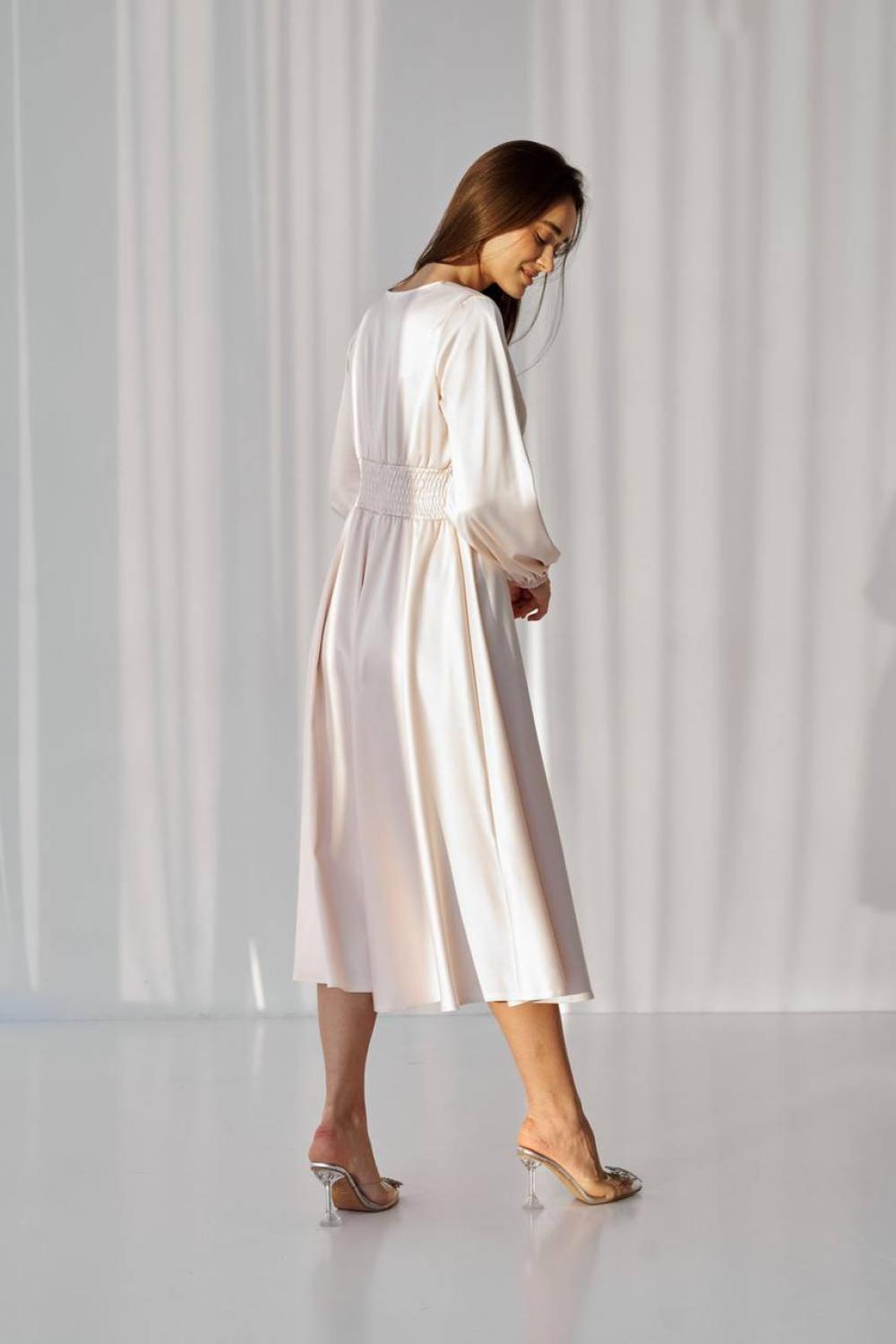 Midi dress in ecru color with premium satin