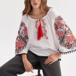 Women's embroidered shirt, white with red embroidery, Petrykivka style