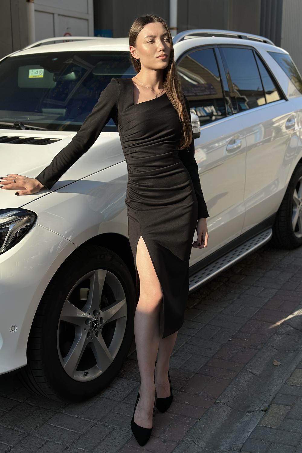 Black midi dress with an asymmetric neckline 6351 AZURI