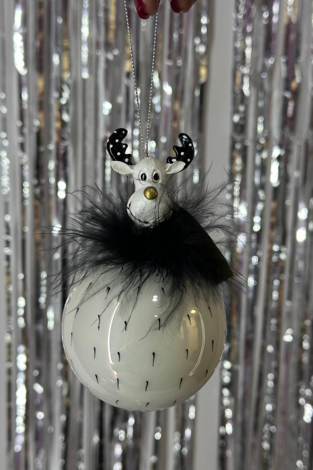 Christmas tree decoration 27 cm made of glass and polystone. Moose are black and white/ Strip