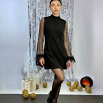 Black mini cocktail dress with mesh and feather sleeves Exclusive