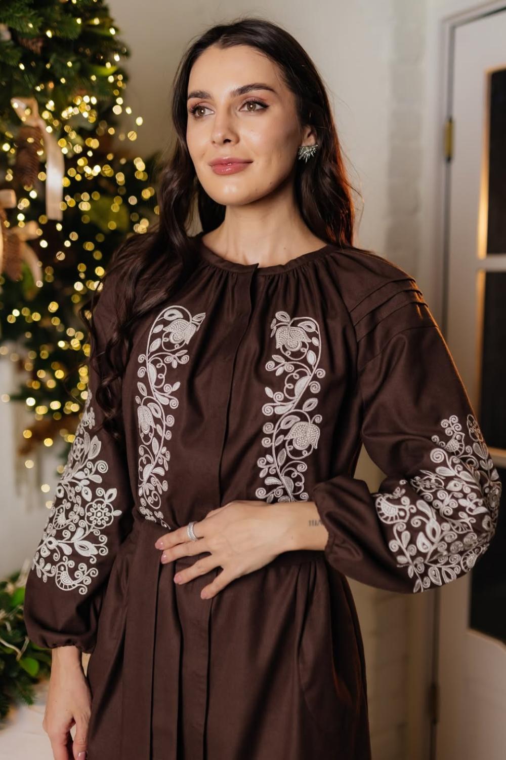 Women's brown embroidered dress with white embroidery PTAŠKA_brown_dress