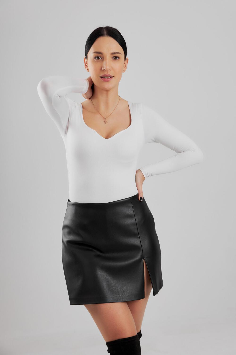 Mini-length shorts-skirt made of eco-leather in black Veronika