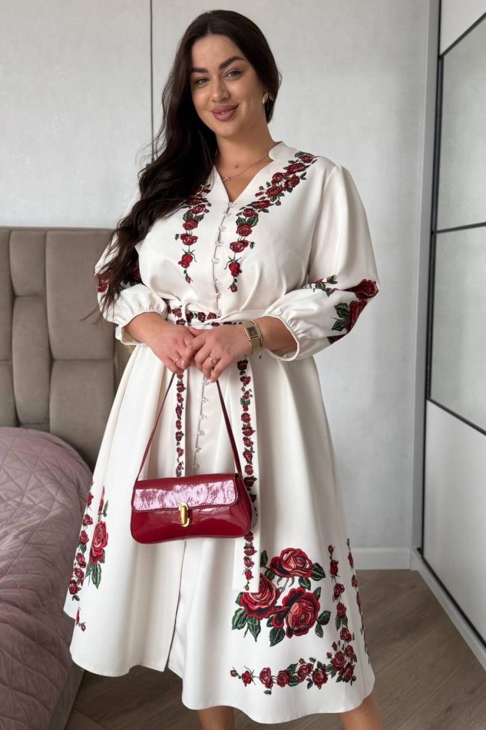 Milky-white embroidered dress with large red roses 479