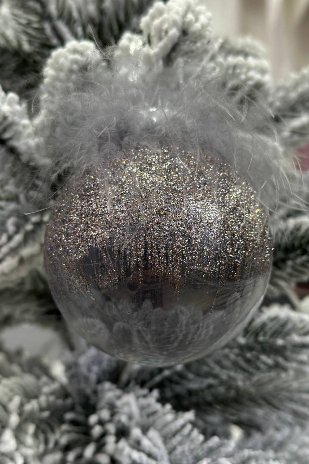 Christmas tree ball 8 cm, transparent in graphite tones of fluff and feather decor