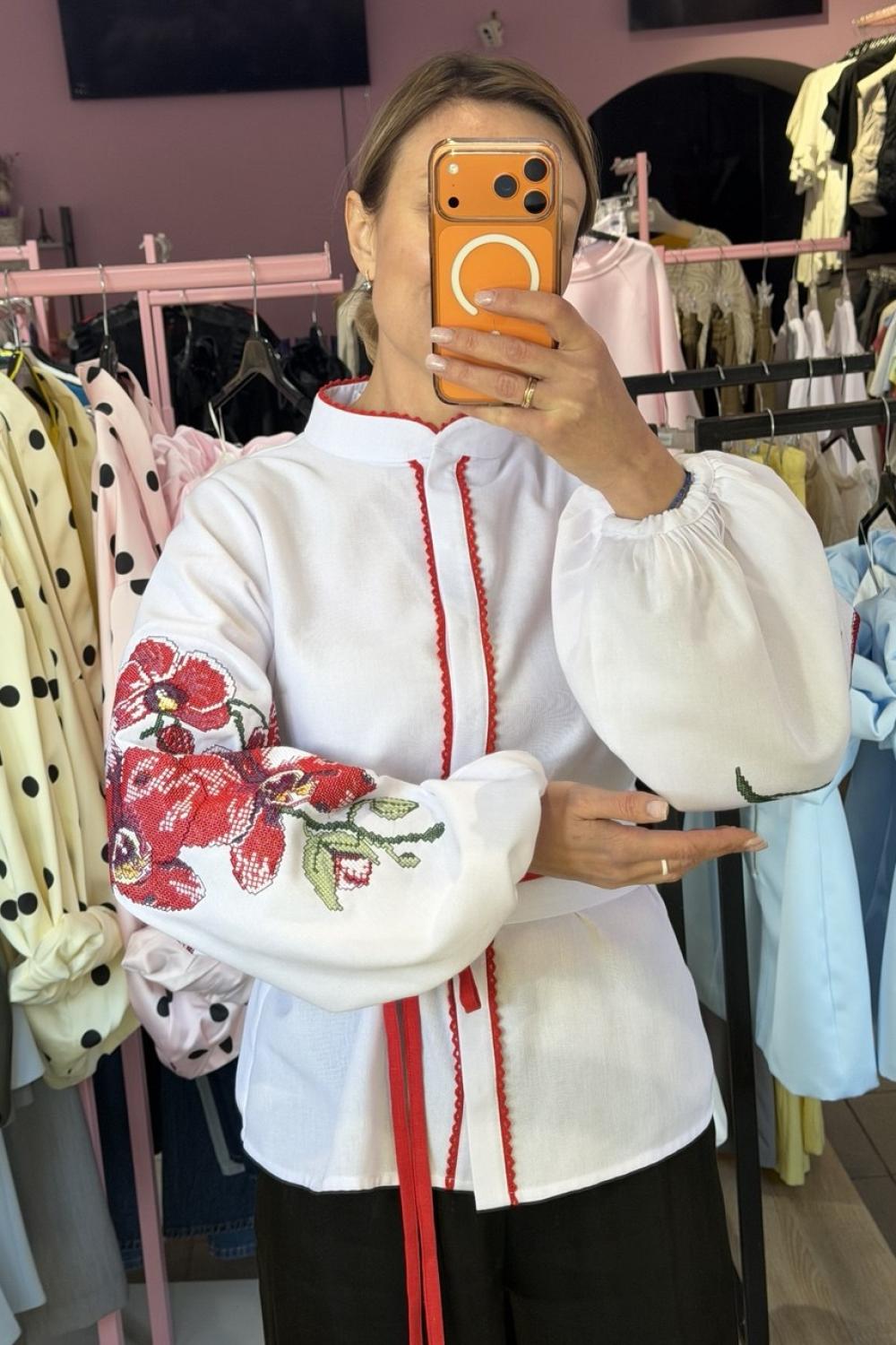 Women's white embroidered shirt with red embroidery Orchid