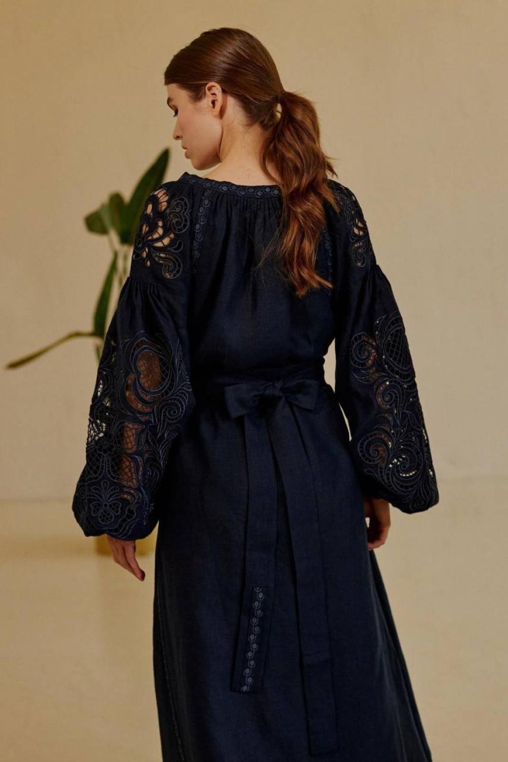 Embroidered GEM women's black Richelieu linen dress