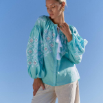 Вишиванка жіноча лляна в кольорі тіфані  EMBROIDERED GEM