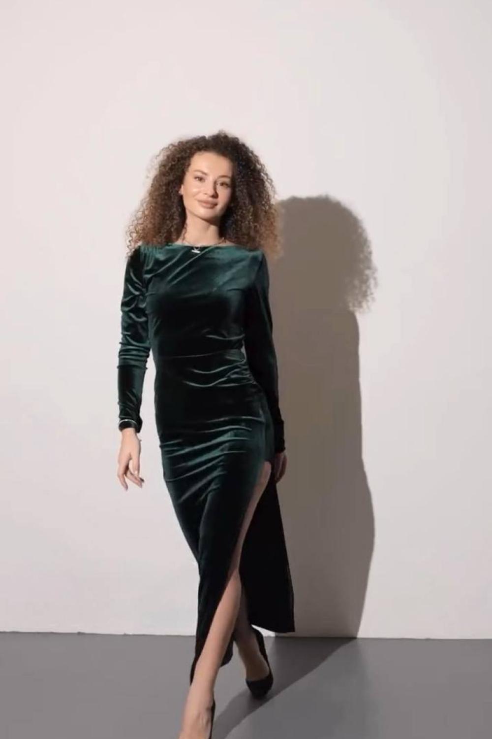 Green velor dress with a slit