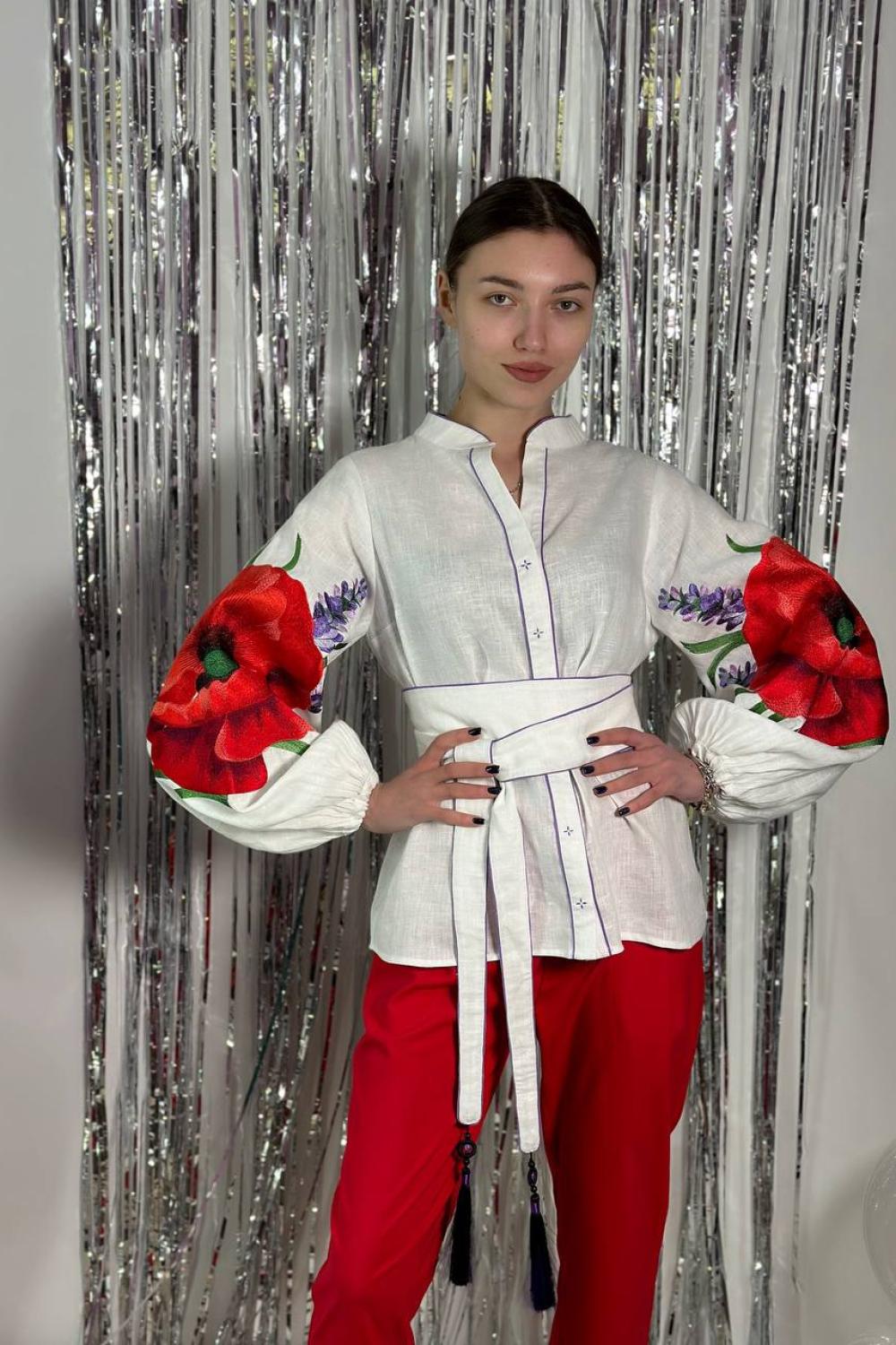Women's embroidered shirt red poppies from Embroidered Jem