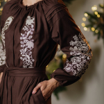 Women's brown embroidered dress with white embroidery PTAŠKA_brown_dress