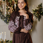 Women's brown embroidered dress with white embroidery PTAŠKA_brown_dress
