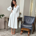 Midi dress in ecru color with premium satin