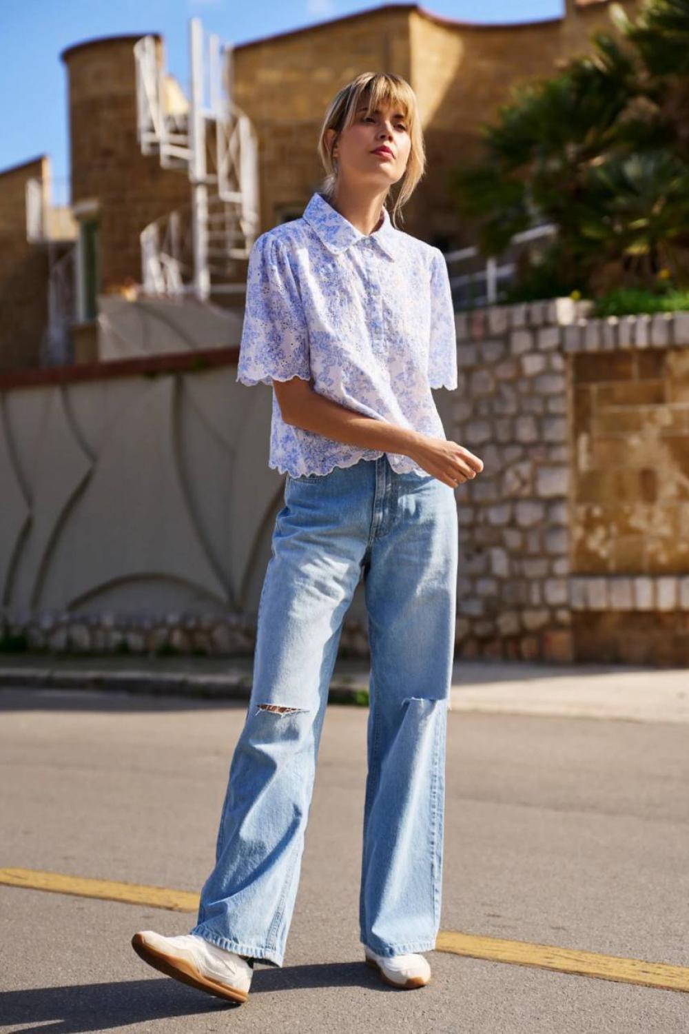 Blue calfskin blouse