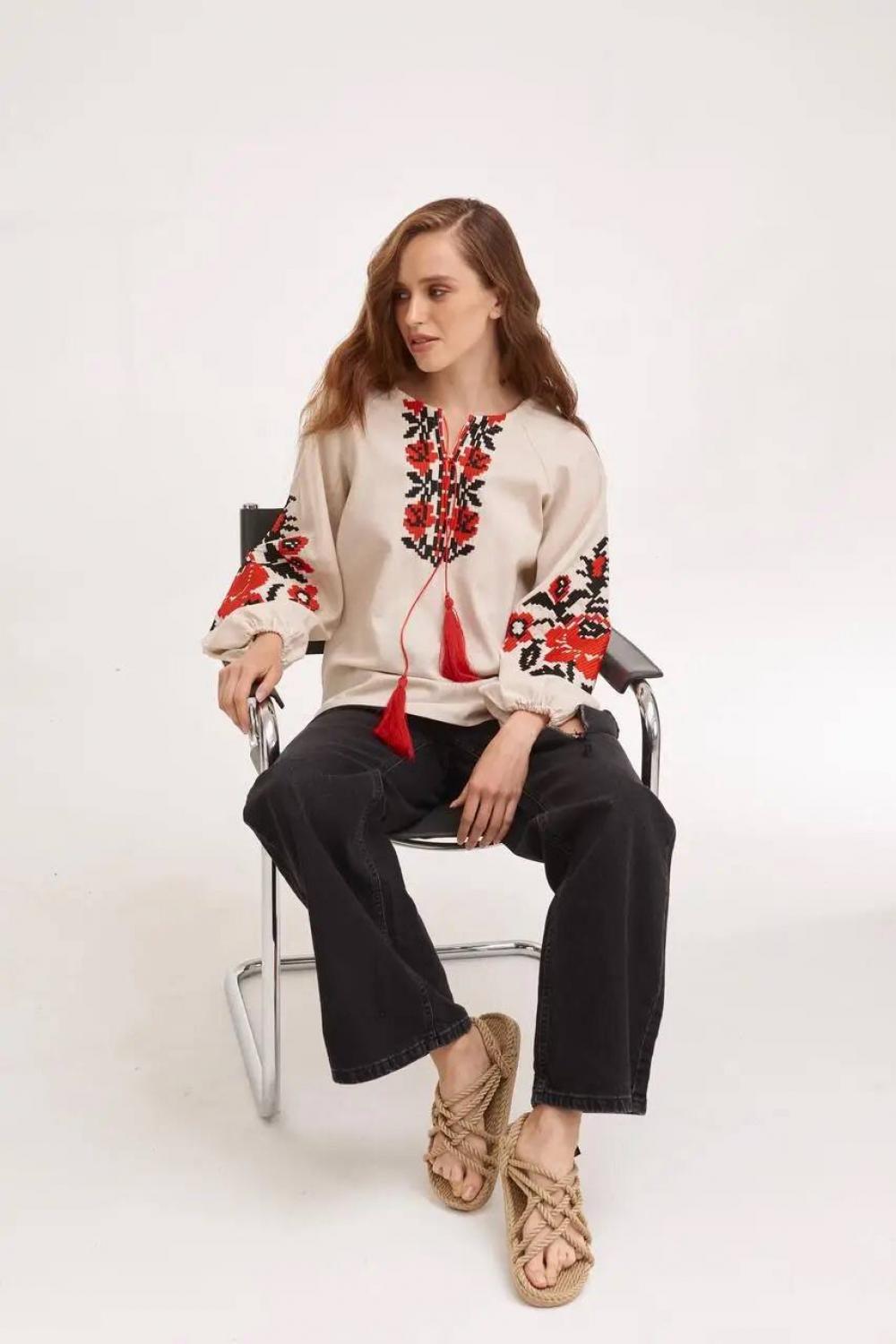 Women's beige embroidered jacket with red embroidery by Ruta MEREZHKA