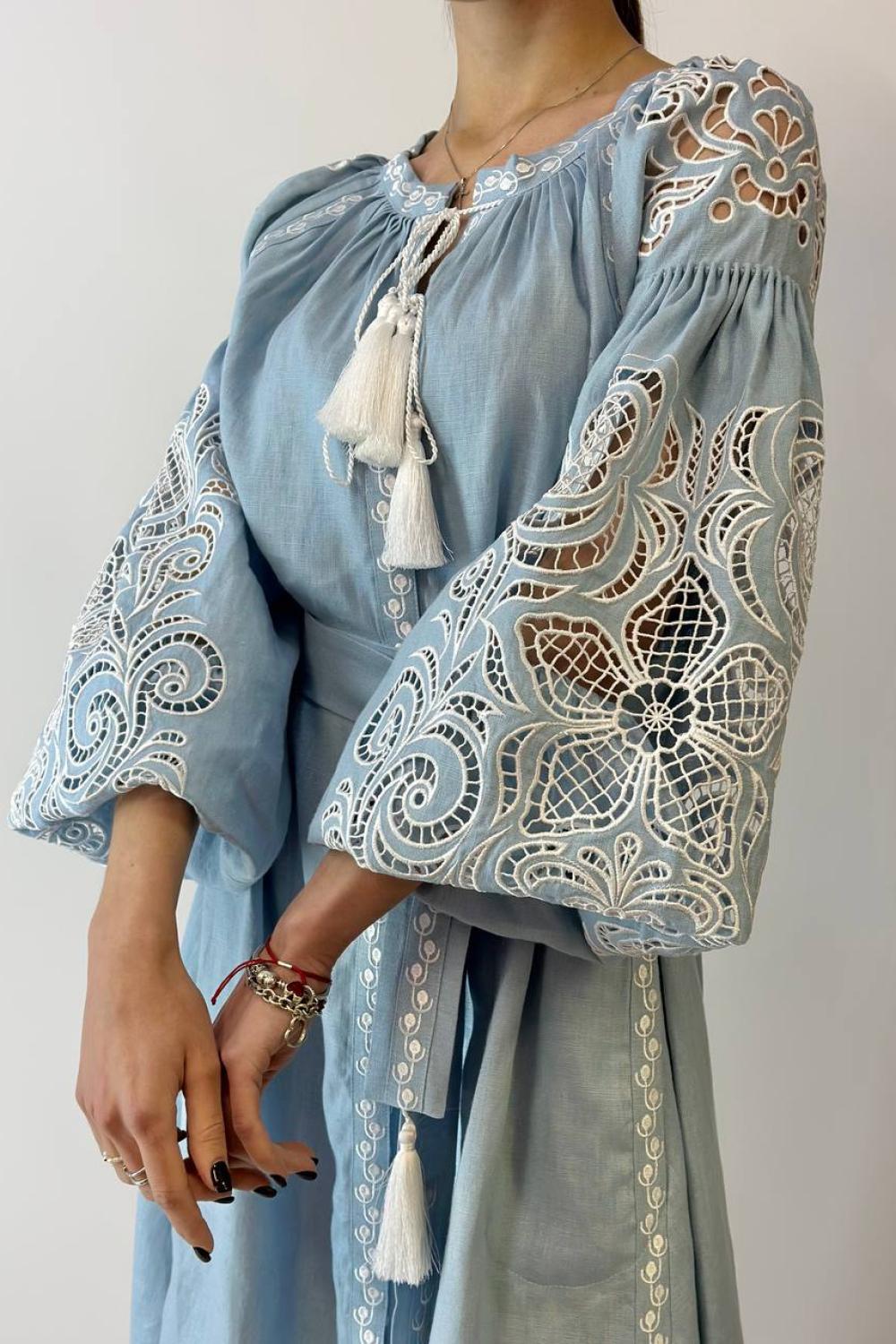Embroidered women's linen Richelieu blue EMBROIDEREDGEM dress