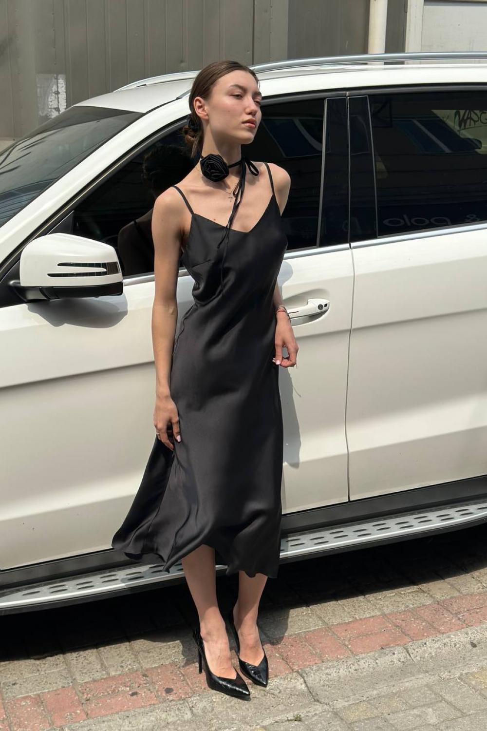 Dress in linen style black ARTMON
