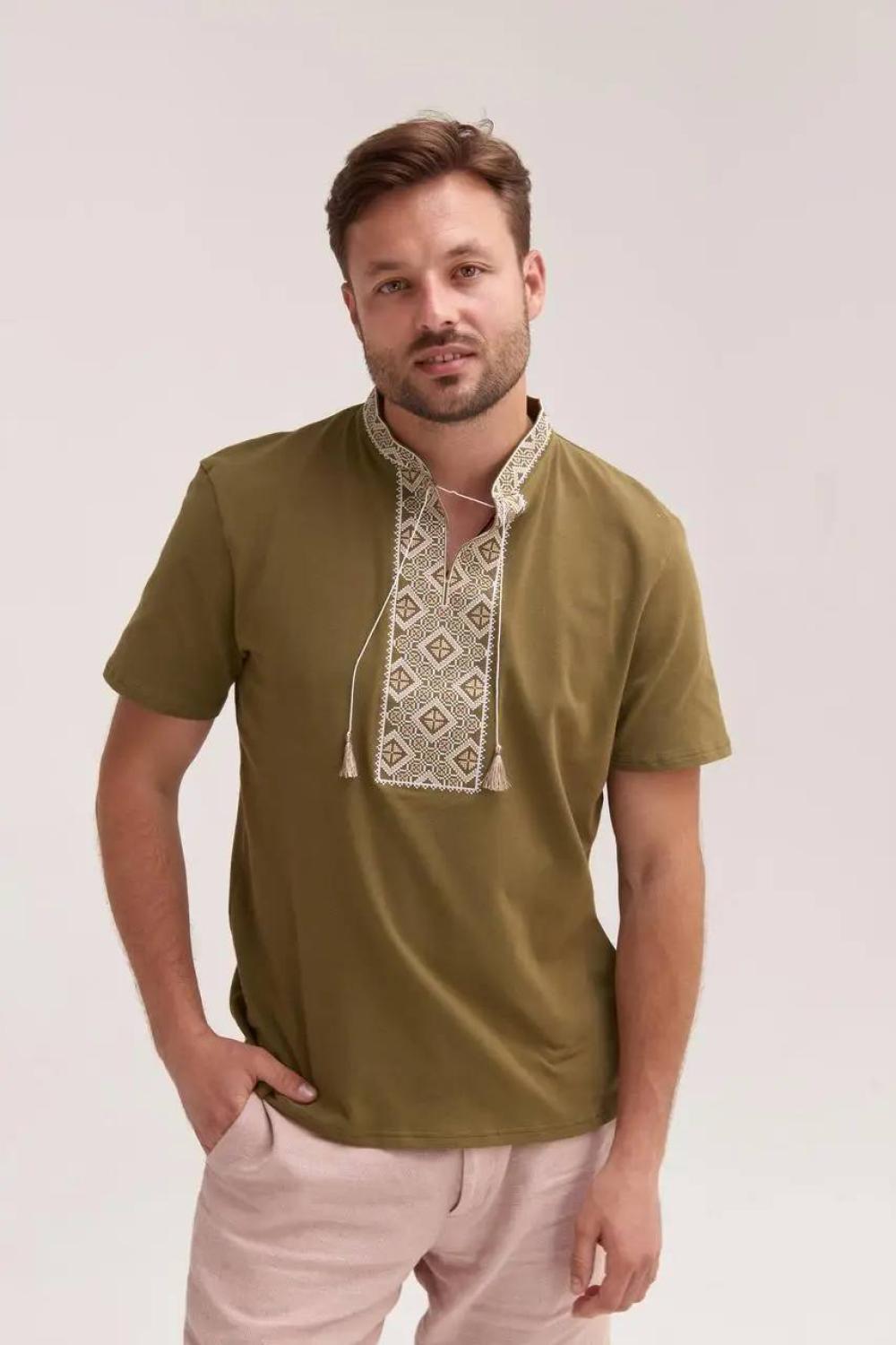 Men's Olive-Colored Cossack-Style Embroidered T-Shirt