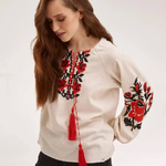 Women's beige embroidered jacket with red embroidery by Ruta MEREZHKA