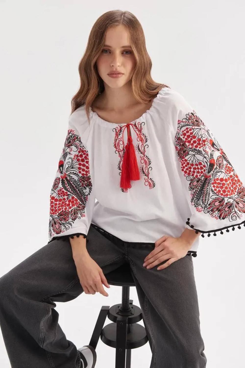Women's embroidered shirt, white with red embroidery, Petrykivka style
