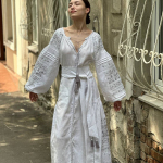 Women's white linen embroidered dress with silver embroidery Ceremonial EMBROIDERED GEM